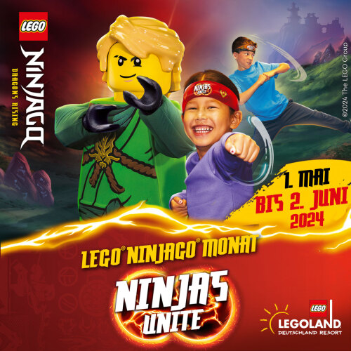 Vom 1. Mai bis zum 2. Juni dreht sich im LEGOLAND Deutschland Resort unter dem Motto "Ninjas Unite" alles um die LEGO Helden Nya, Lloyd, Kai, Sora, Arin & Co.
