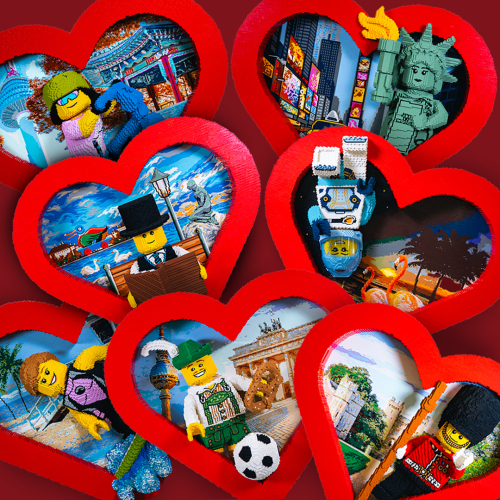 Die ikonischen LEGO Herzen zum Auftakt des globalen LEGO Festivals gibt es an sieben Standorten weltweit - jedes mit einem eigenen, einzigartigen Thema, das den jeweiligen Standort widerspiegelt: LEGOLAND Billund, LEGOLAND California, LEGOLAND Deutschland, LEGOLAND Florida, LEGOLAND Korea, LEGOLAND New York und LEGOLAND Windsor.